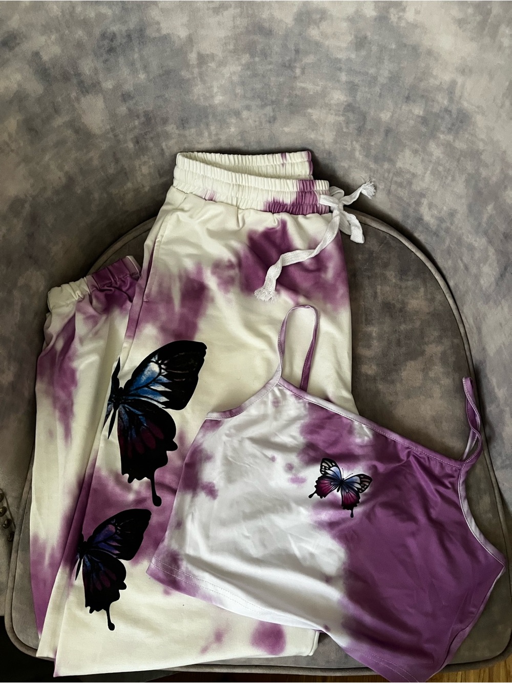 Womens 2 set coord y2k Purple Tie-Dye Butterfly Jogger Pants and cami set